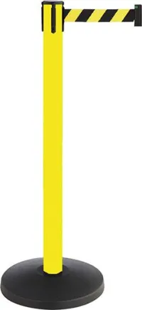 Absperrpfosten Metall, gelb, Gurtlänge: 3 m Gurt: schwarz-gelb, diagonal gestreift