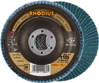 Disc lamelar pentru otel, inox, 115mm, curbat, gran.60, zirconu-corindon, ALPHALINE, RHODIUS